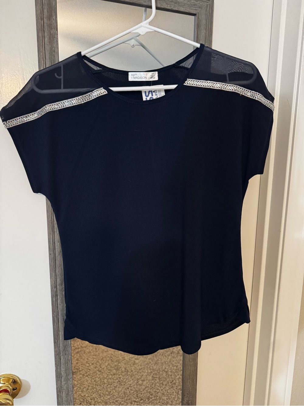 89th & Madison Navy Short Sleeve Top with Rhinestone Trim